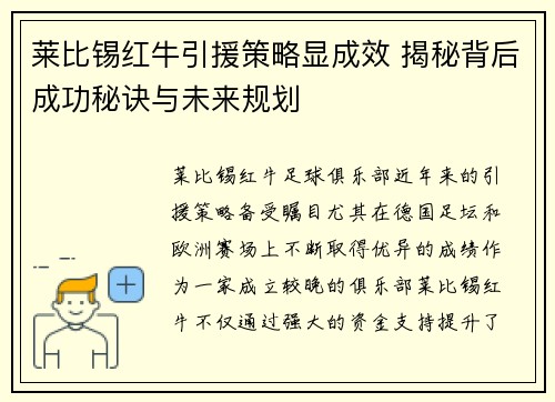 莱比锡红牛引援策略显成效 揭秘背后成功秘诀与未来规划