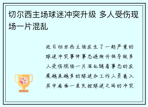 切尔西主场球迷冲突升级 多人受伤现场一片混乱