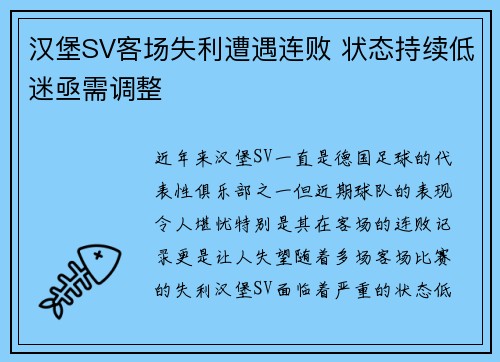 汉堡SV客场失利遭遇连败 状态持续低迷亟需调整